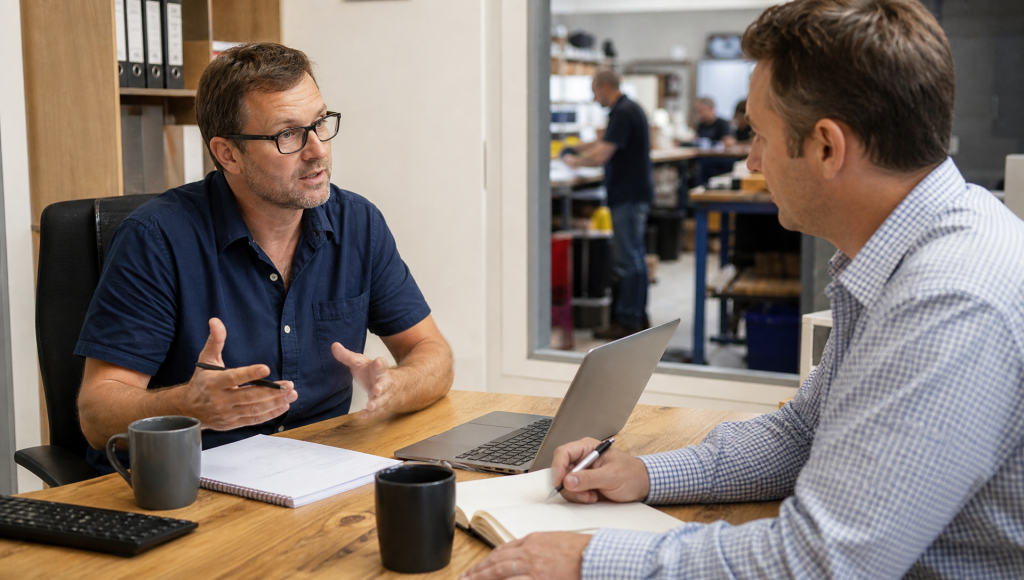 Business buyer meeting the current business owner before purchase