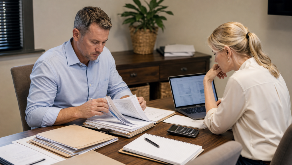 Business buyer and adviser reviewing due diligence before buying a business